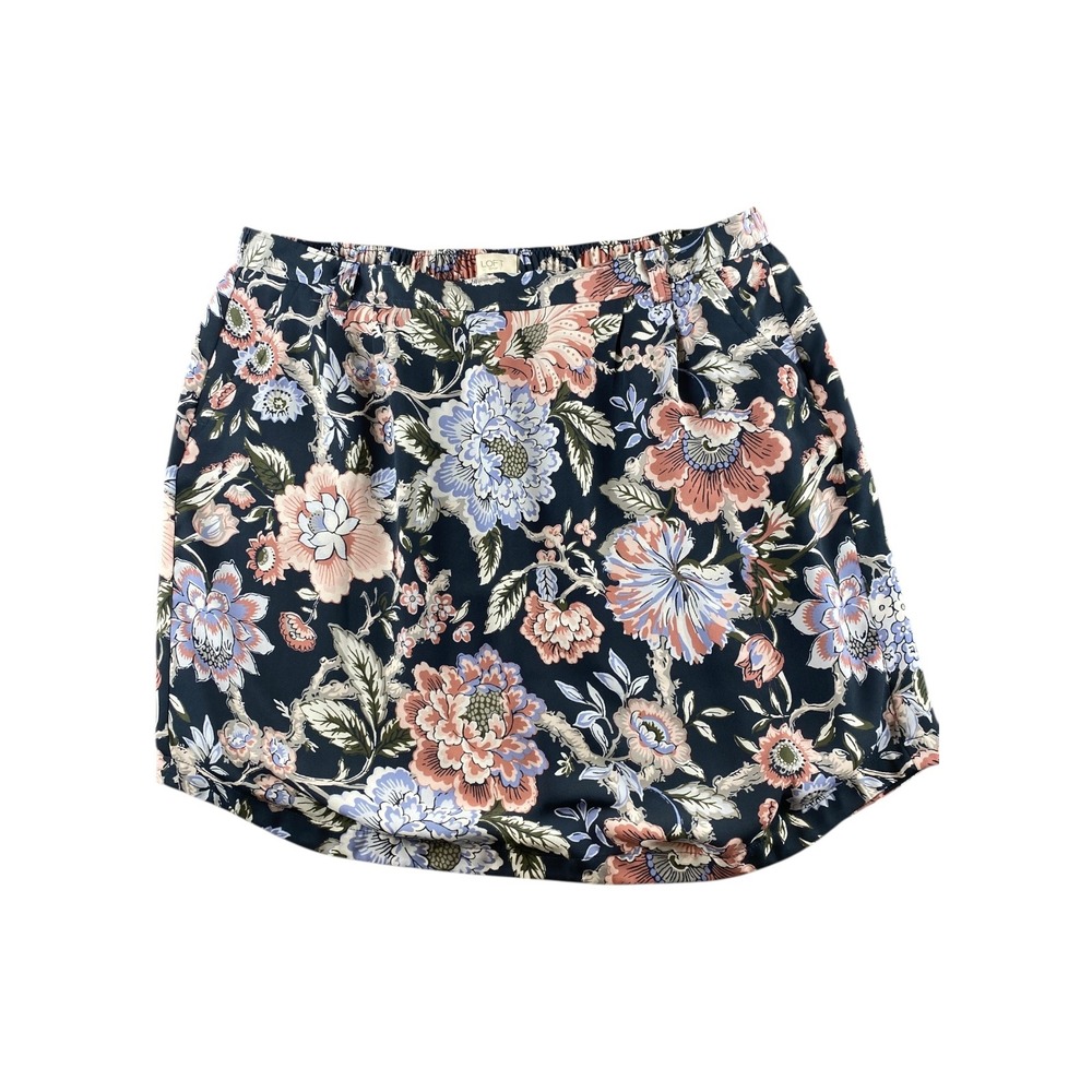 Loft Outlet Navy Blue Floral Elastic Waist Mini Skirt XL Lined